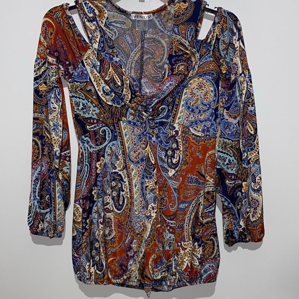 Venus Womens XS Cold Shoulder Paisley Top Rust Navy‎ Blue Boho Surplice V-Neck